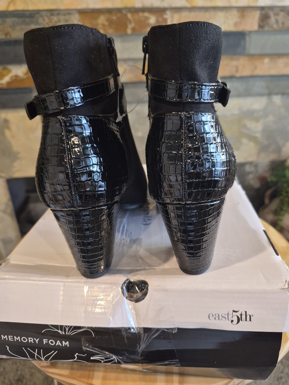 East 5th Black Suede Ankle Booties with Patent Buckle - Picture 4 of 7